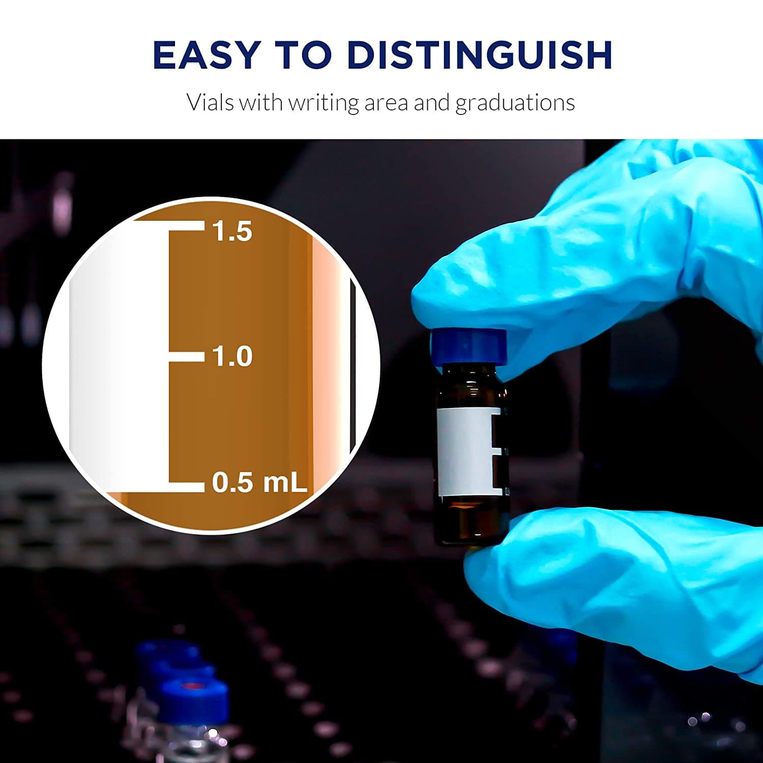 Detail of 2ml hplc vials with writing area and graduations